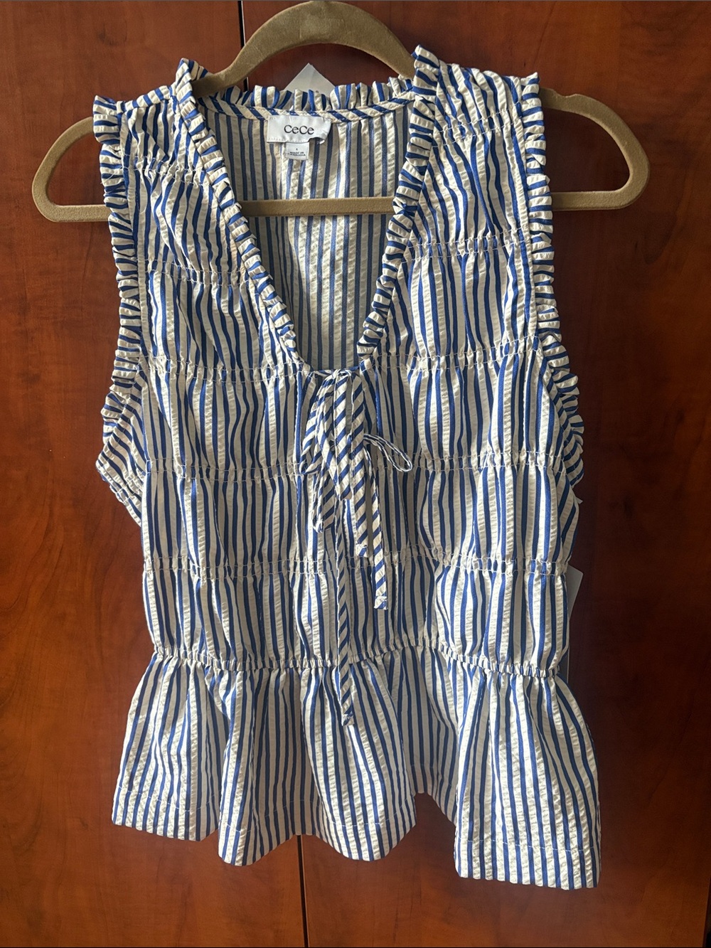 CeCe Navy & White Striped Sleeveless Tie-Front Peplum Top